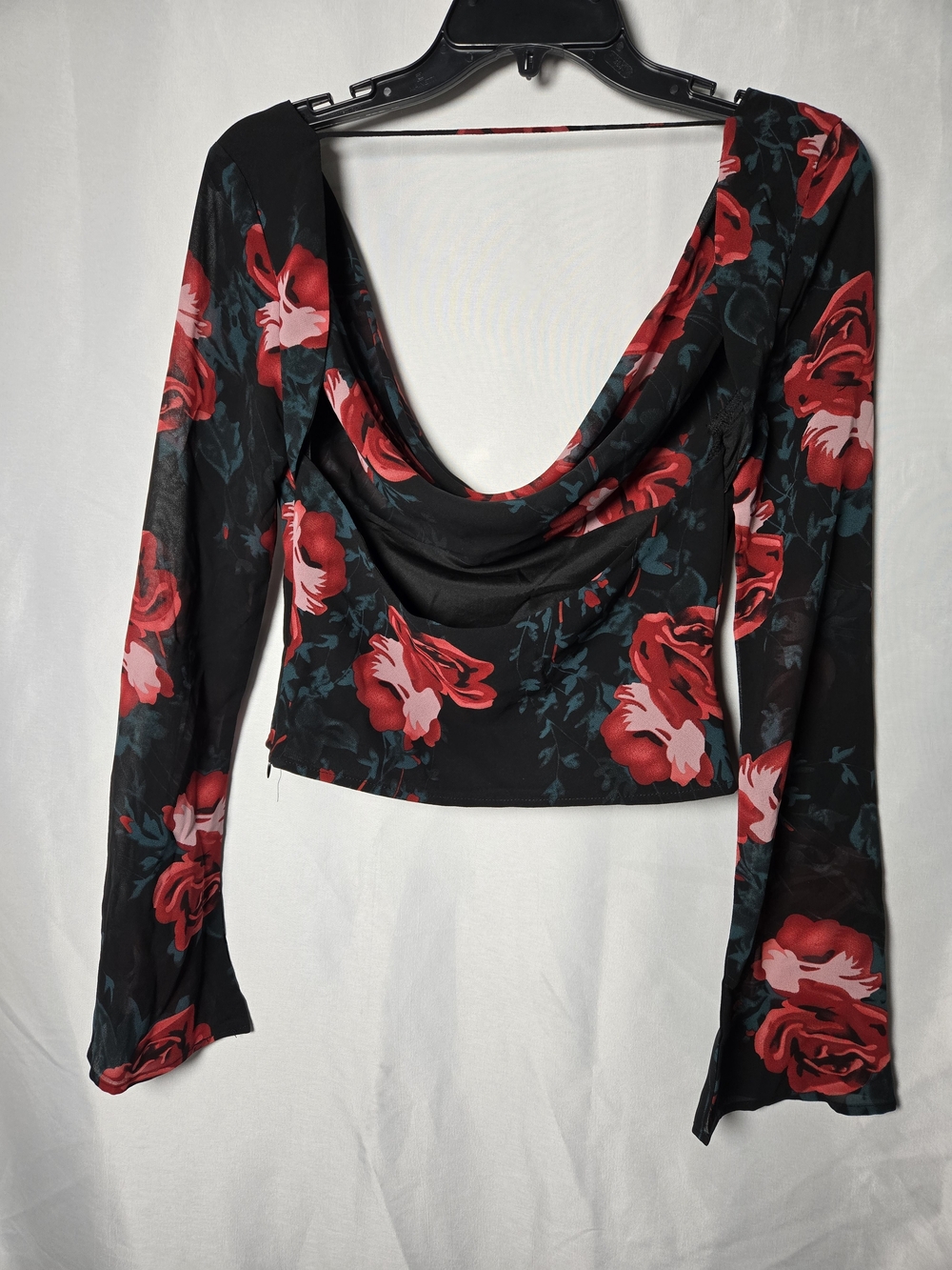 Princess Polly Black Floral Cowl Crop Top with Red Roses - Picture 3 of 8